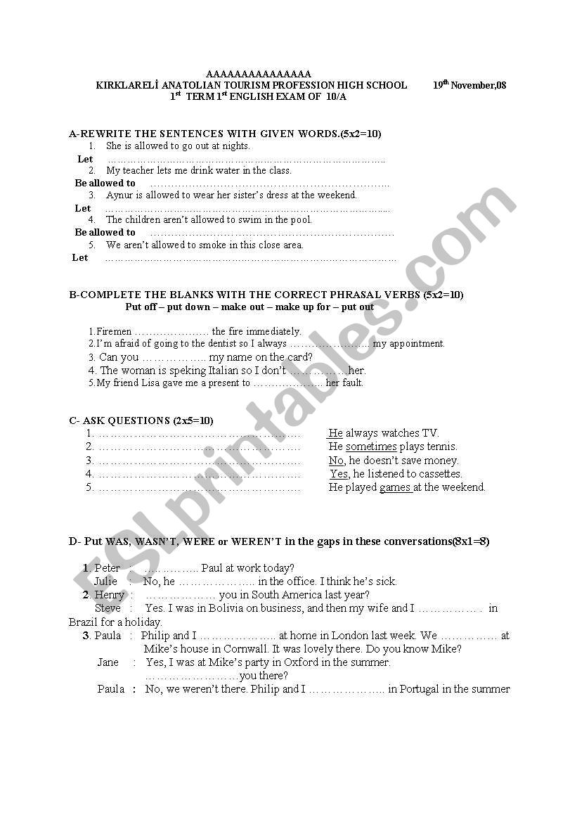  written exam worksheet
