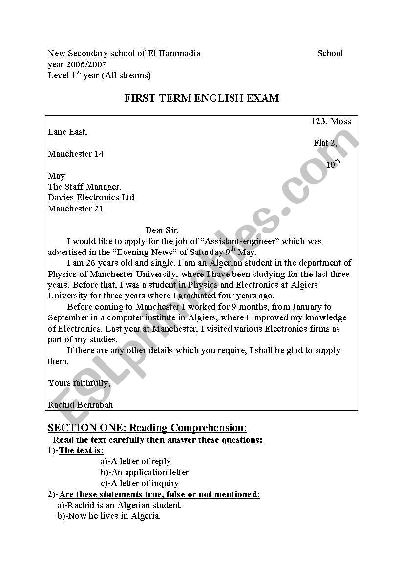 exam worksheet