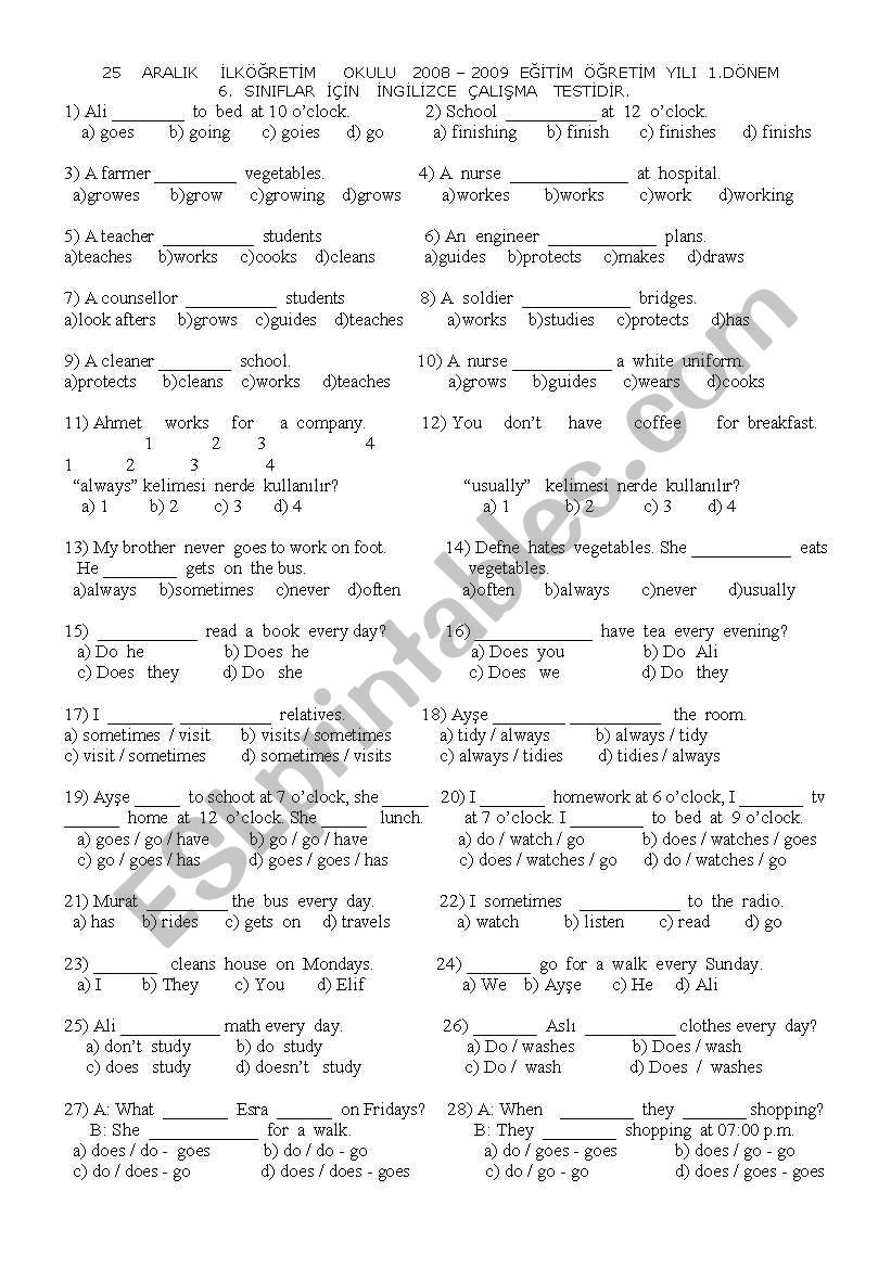 test on simple present tense worksheet