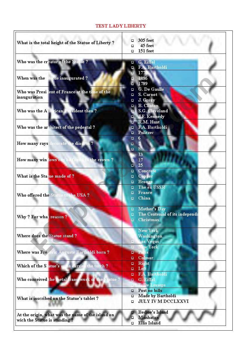 Test about Lady Liberty 3/5 worksheet