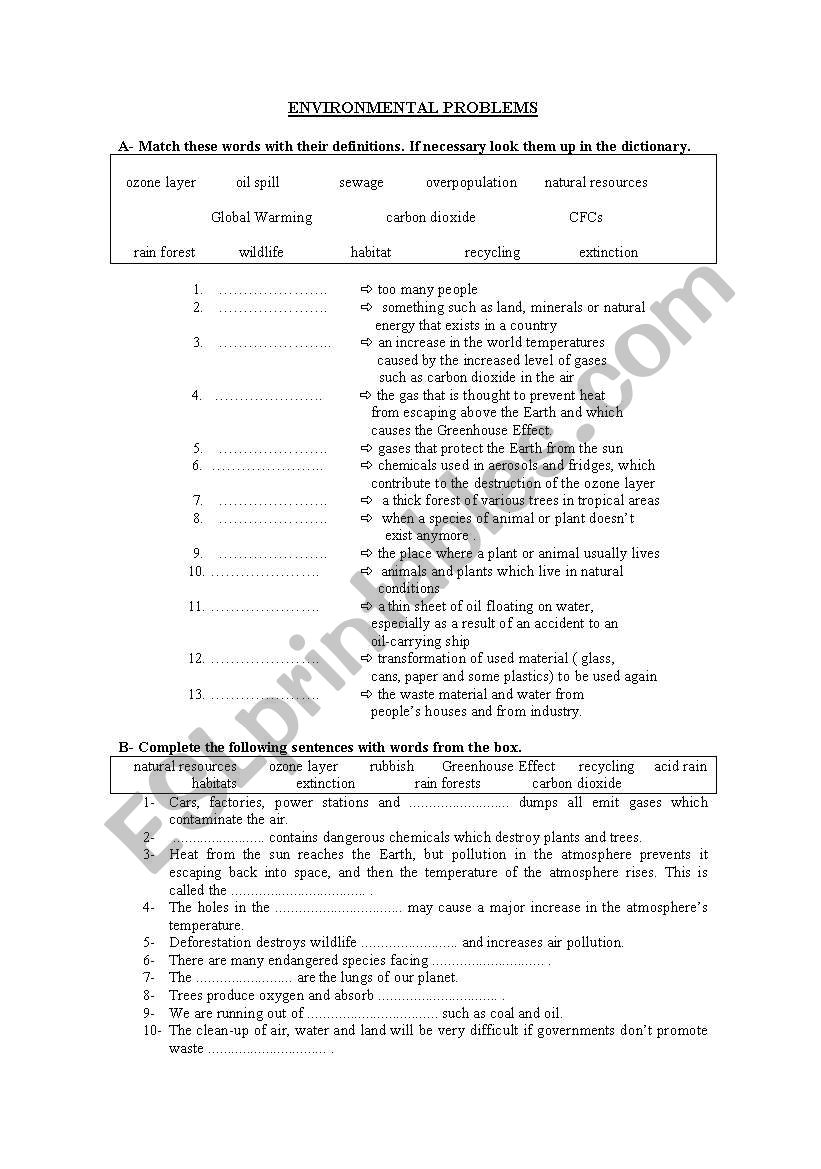 Environmental Problems worksheet