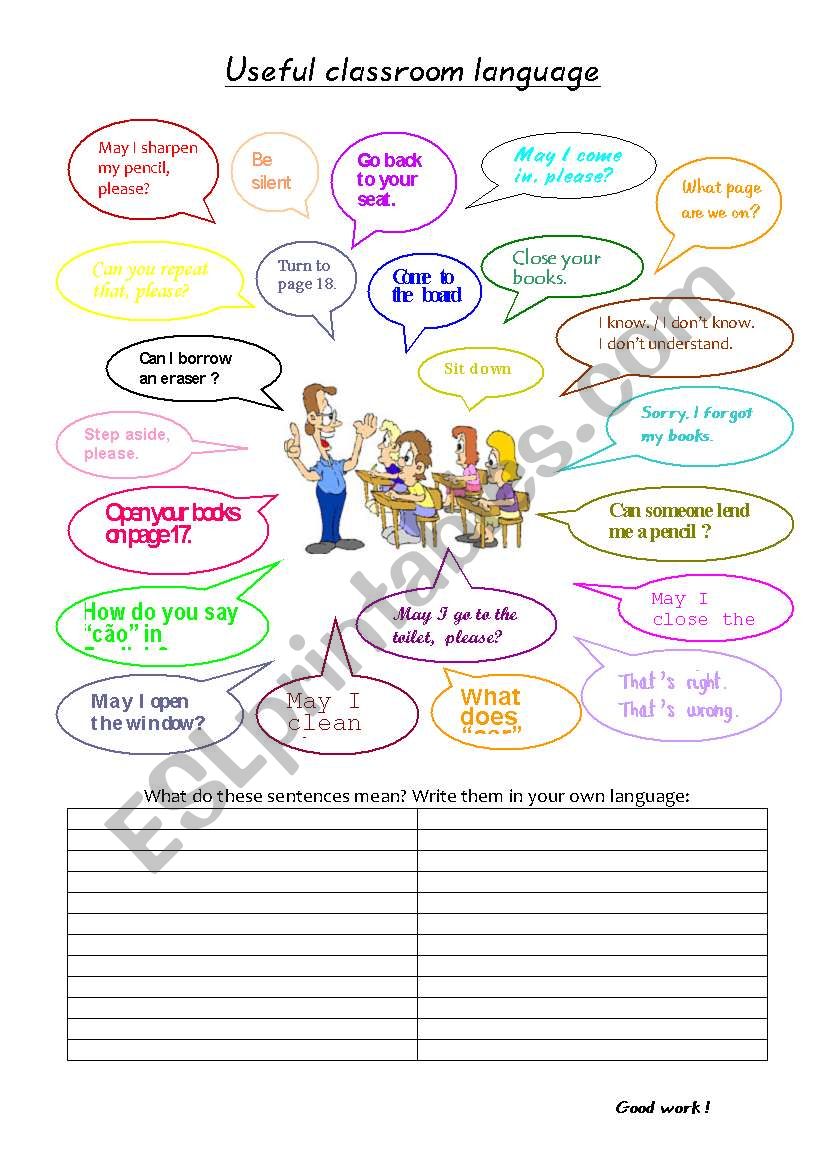 Classroom language worksheet