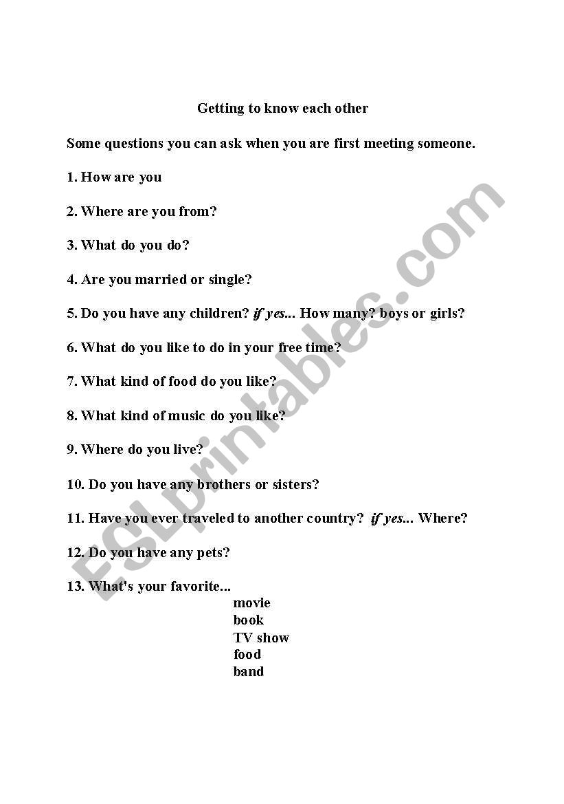 Getting to know each other worksheet