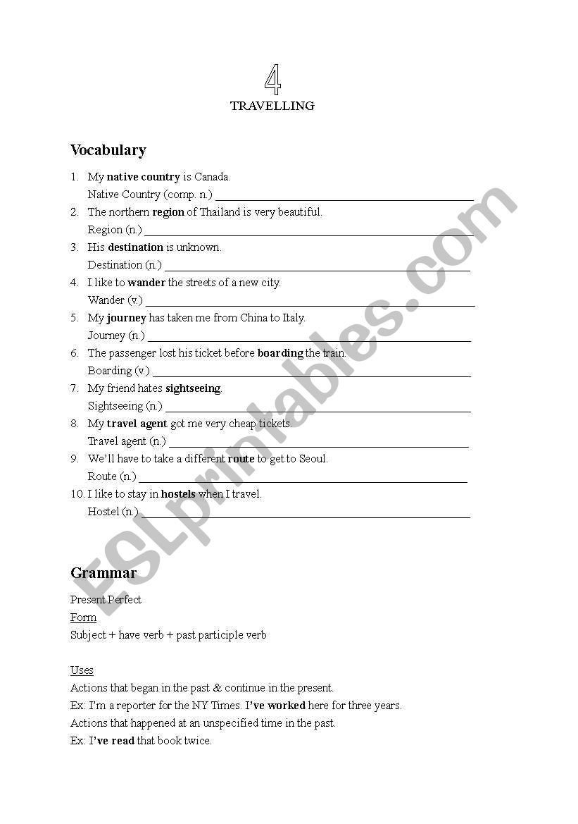 Traveling worksheet