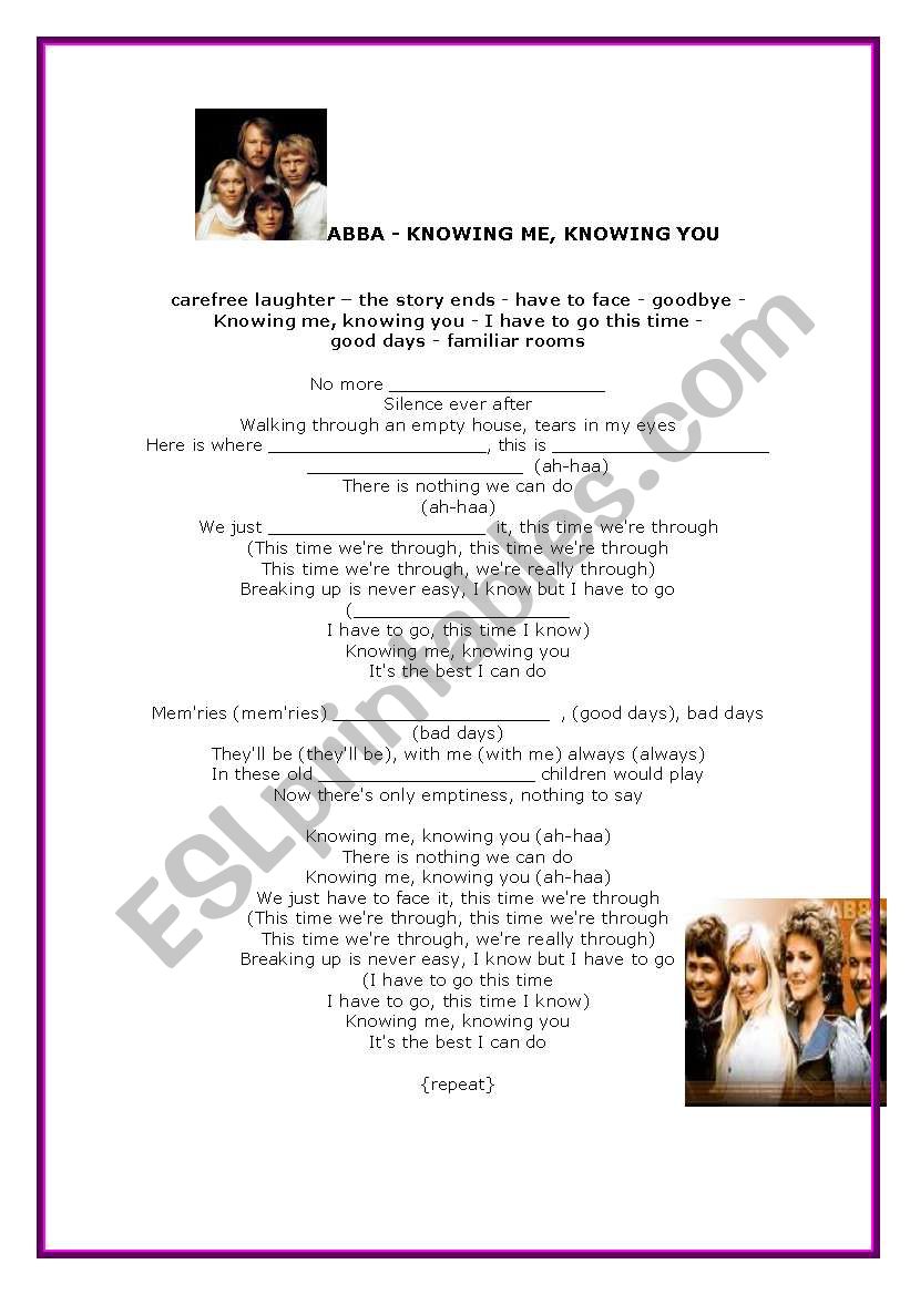 knowing me knowing you abba worksheet