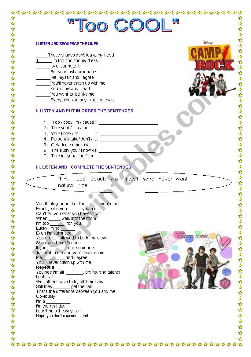 too cool- camp rock song worksheet