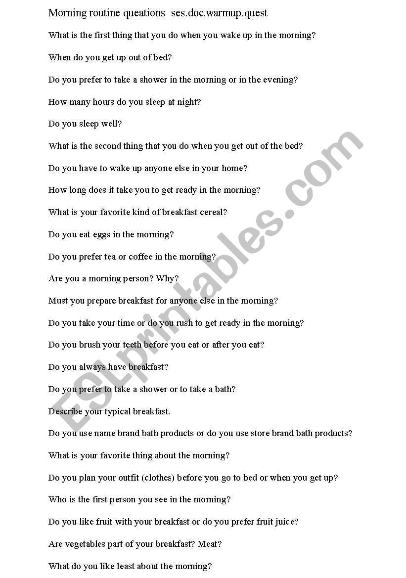 Mornign Routines Question and Answer Warm-up