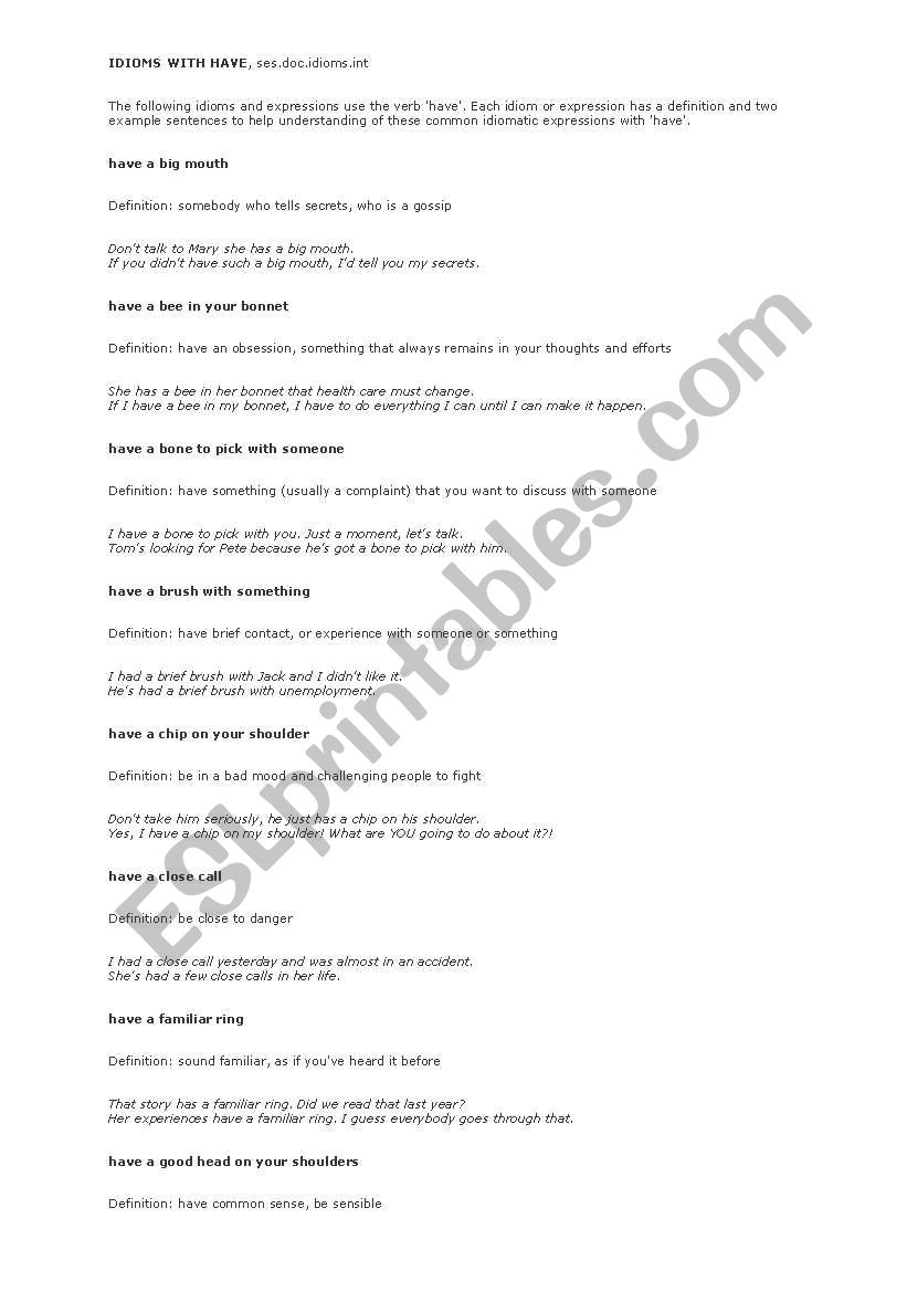 Idioms with Hhave worksheet