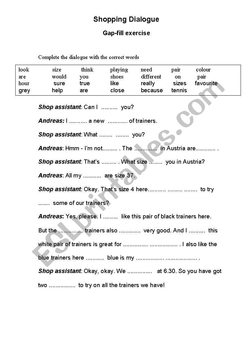 shopping dialogue worksheet