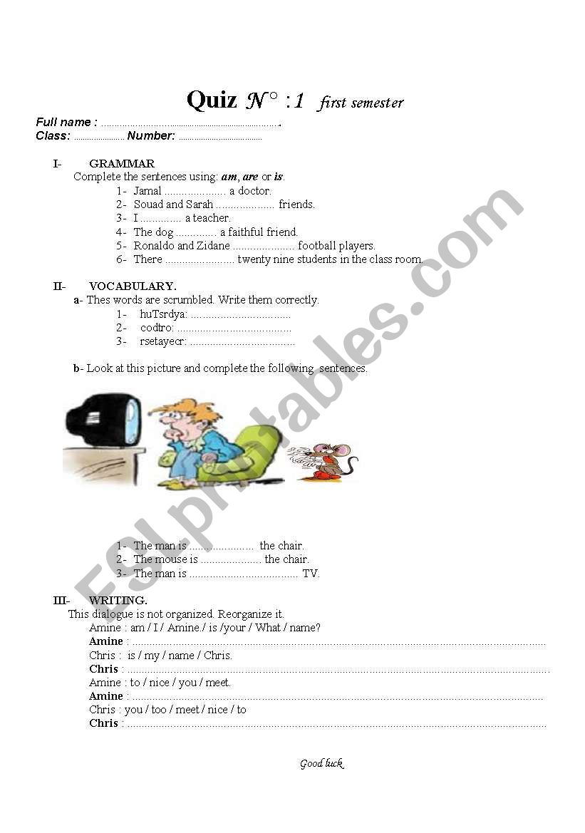 english first grade test worksheet