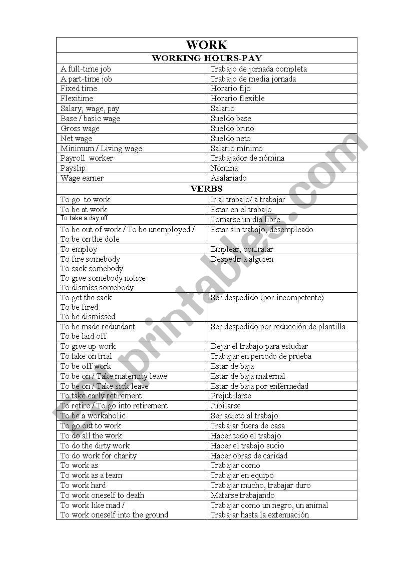 VOCABULARY ABOUT WORK worksheet