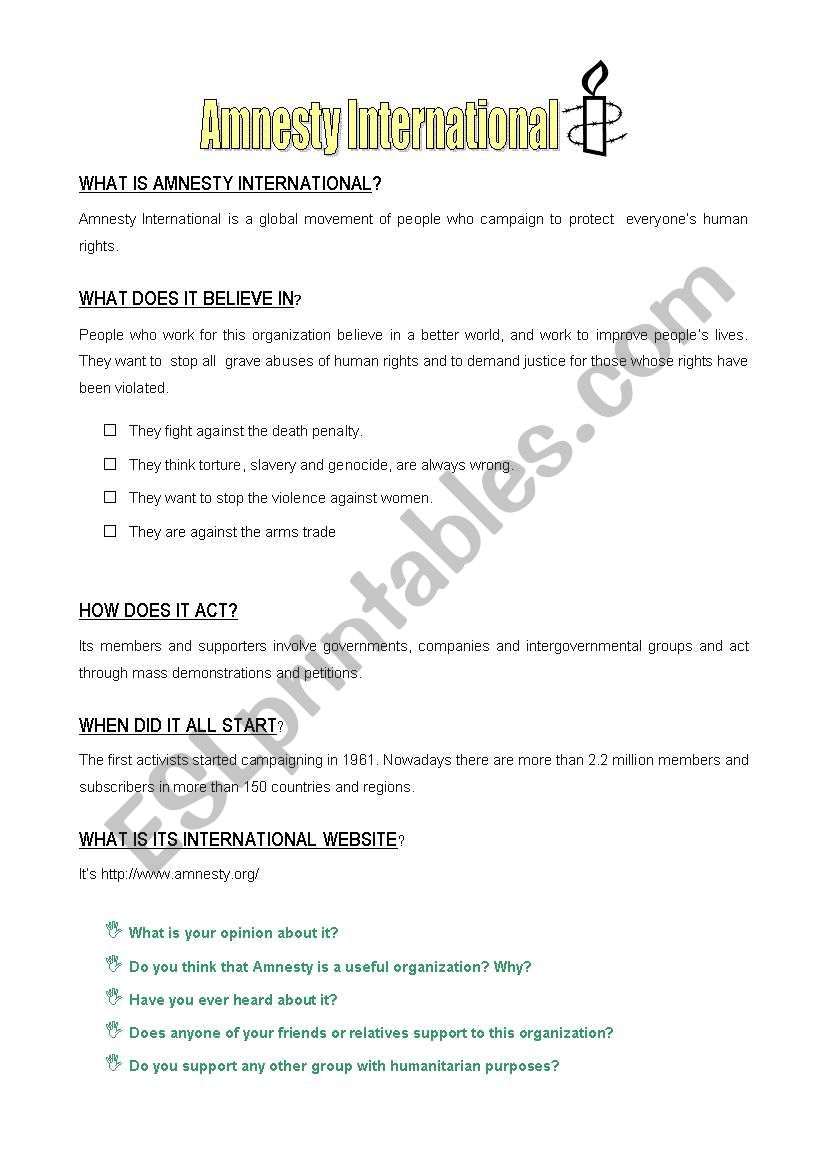 Amnesty International worksheet