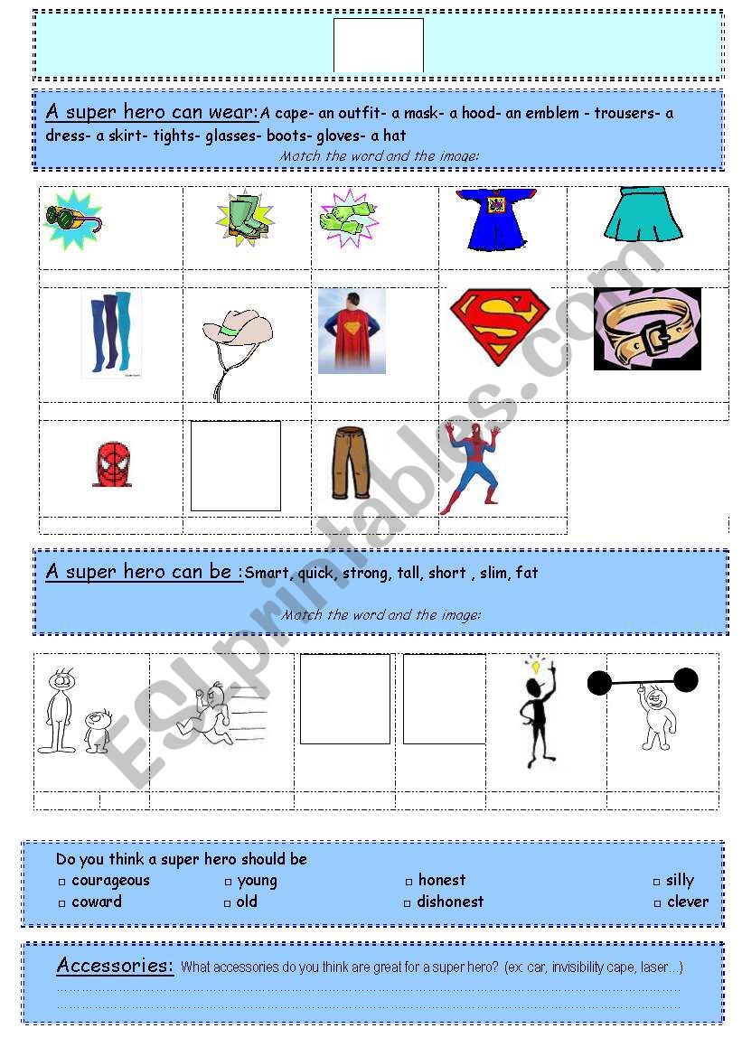 describe a super hero worksheet