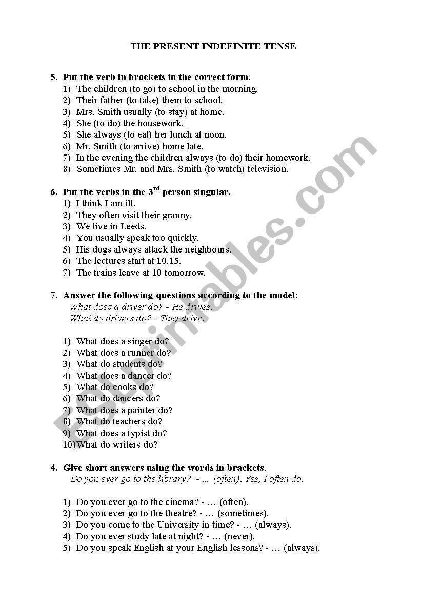 English Worksheets Present Indefinite