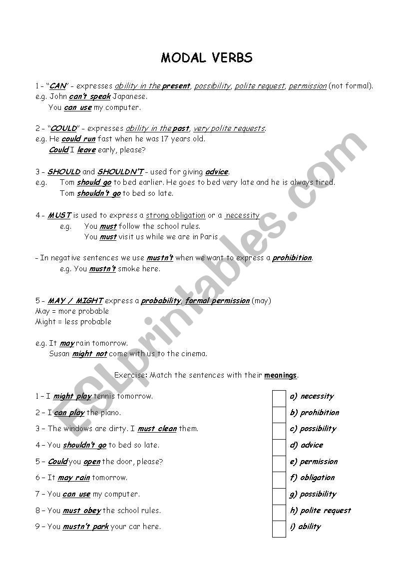 Modal verbs worksheet