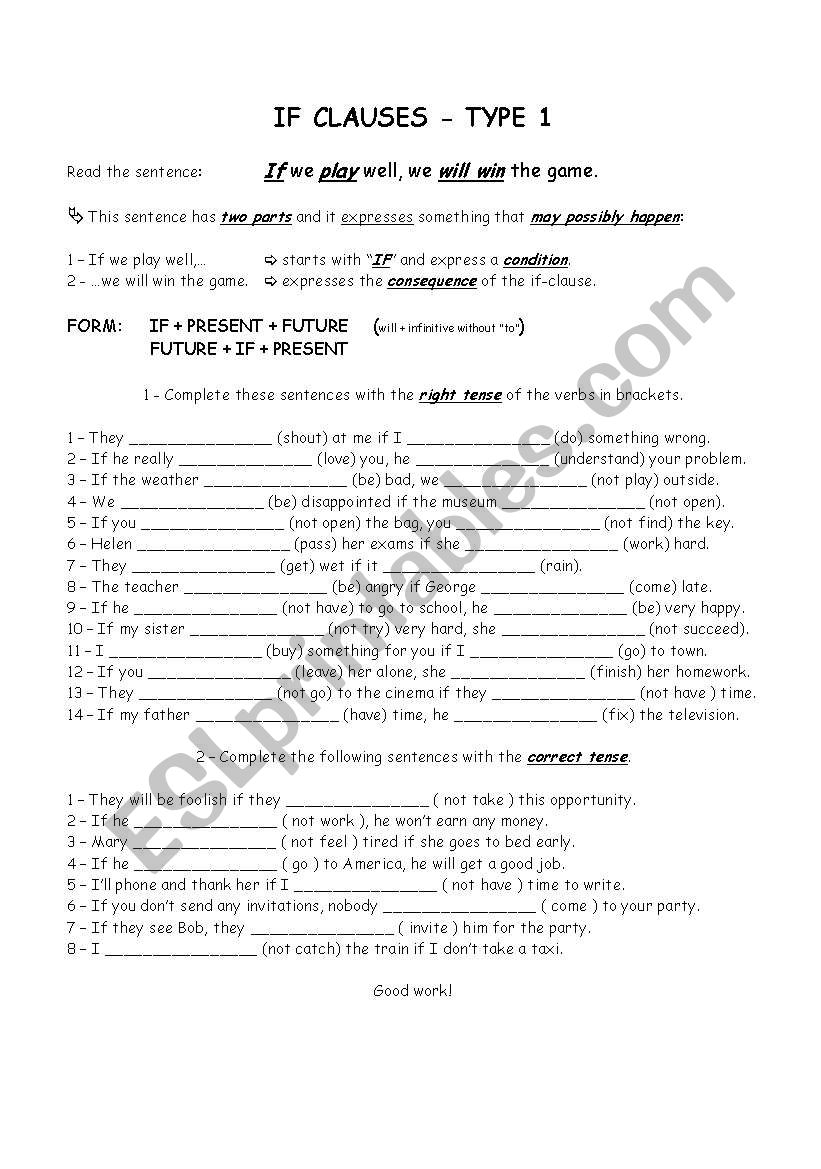 If clauses, type 1 worksheet