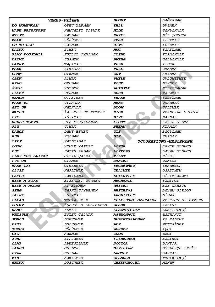 A list of verbs vocabularies, nouns and adjevtives