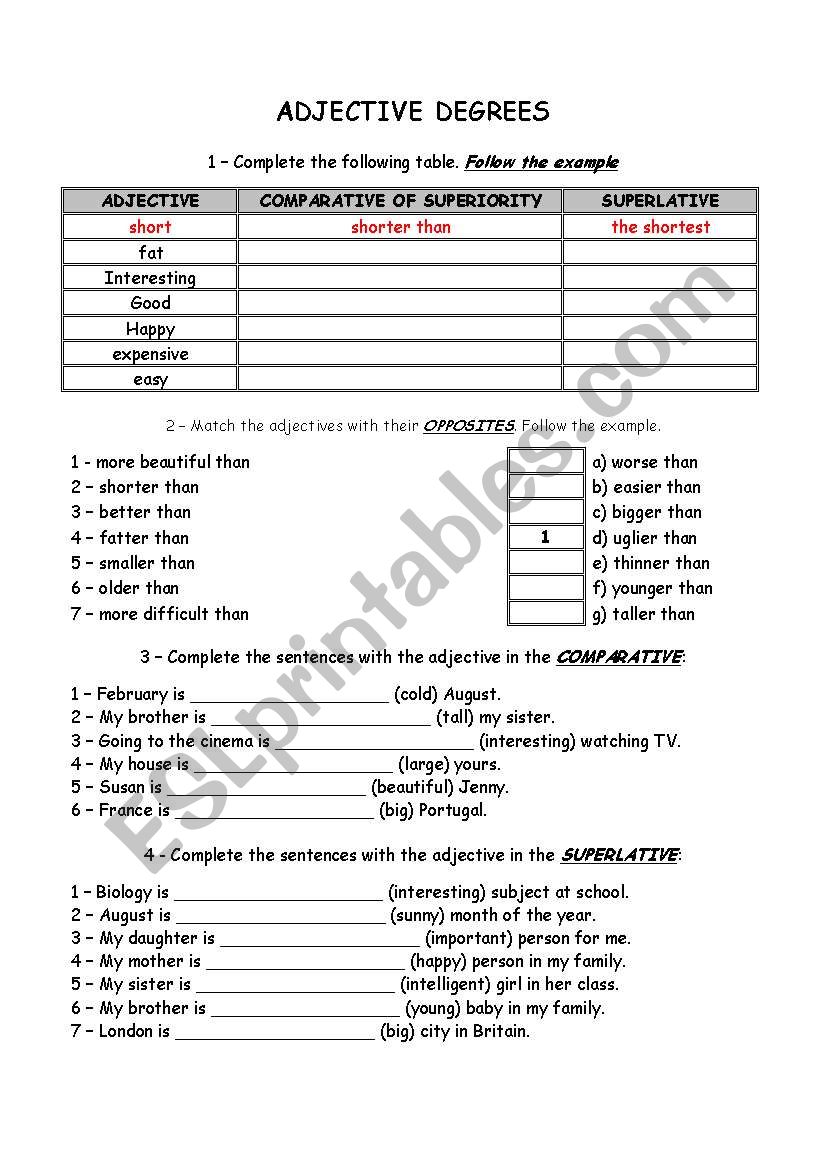 Adjective degrees worksheet