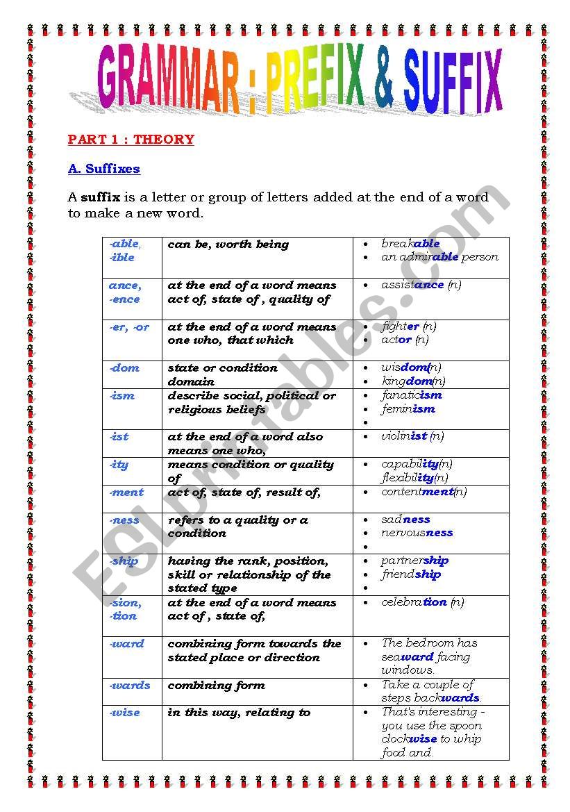 Suffix & prefix (5 pages) + exercises and answers Suffix & prefix (5 pages) + exercises and answers