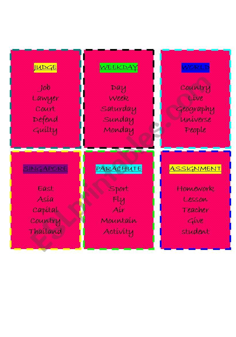 Taboo cards worksheet