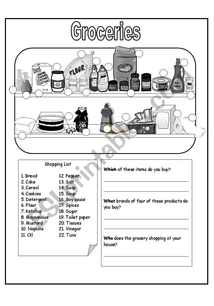 Groceries - Black & White worksheet