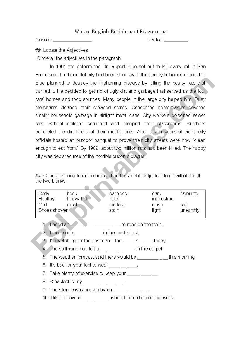 locating adjectives worksheet