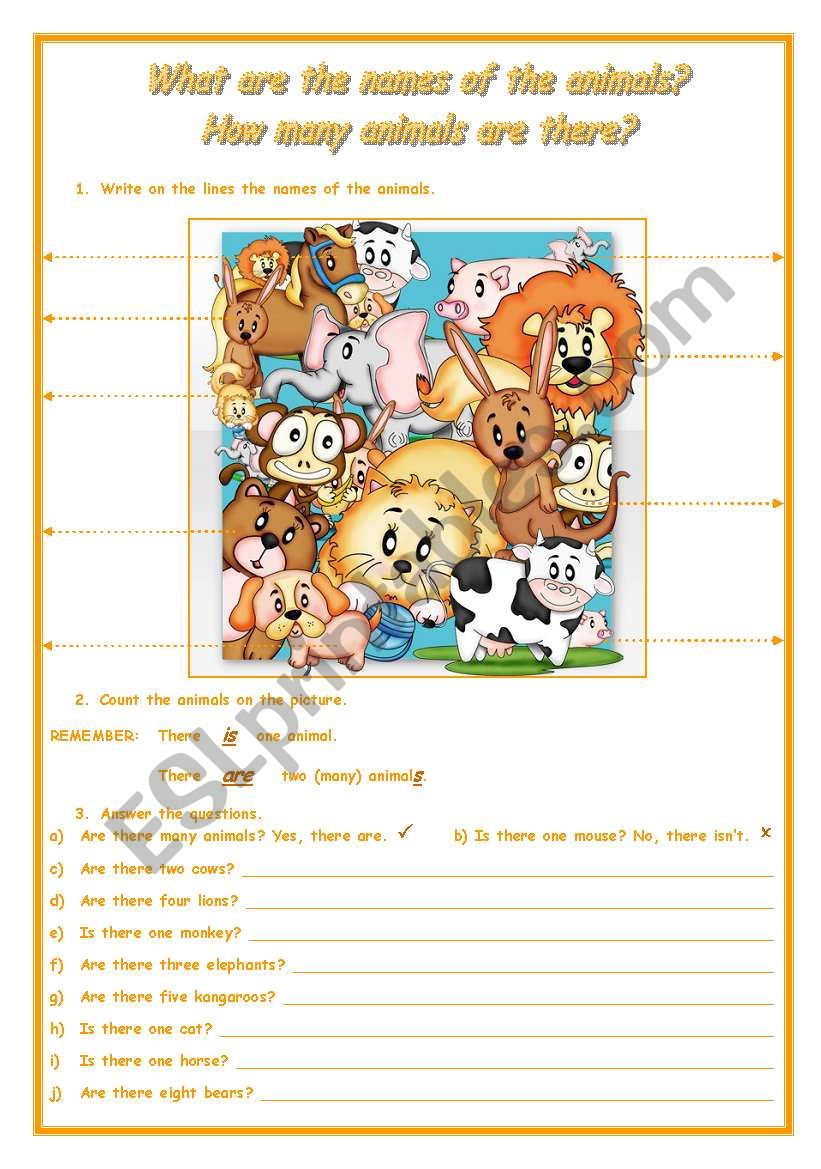 WHAT ARE THE NAMES OF THE ANIMALS? HOW MANY ANIMALS ARE THERE? - ESL  worksheet by blizzard1