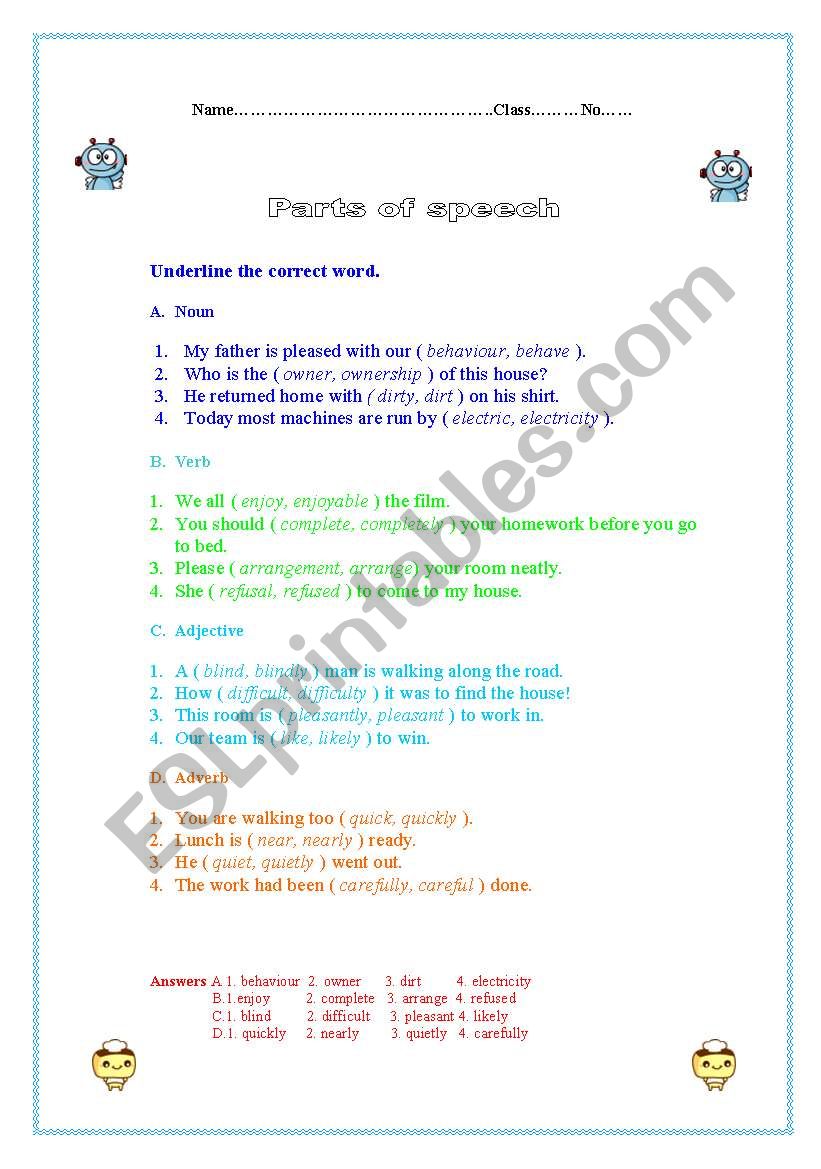 Parts of speech worksheet