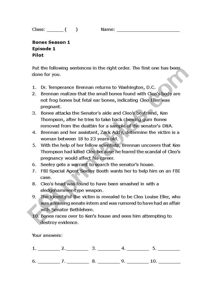 Worksheet on Bones Season 1 Episode 1