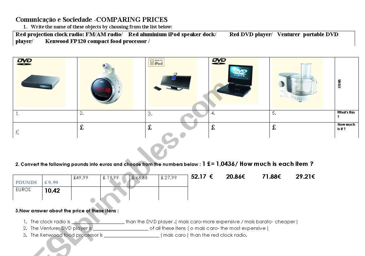 Comparing prices worksheet