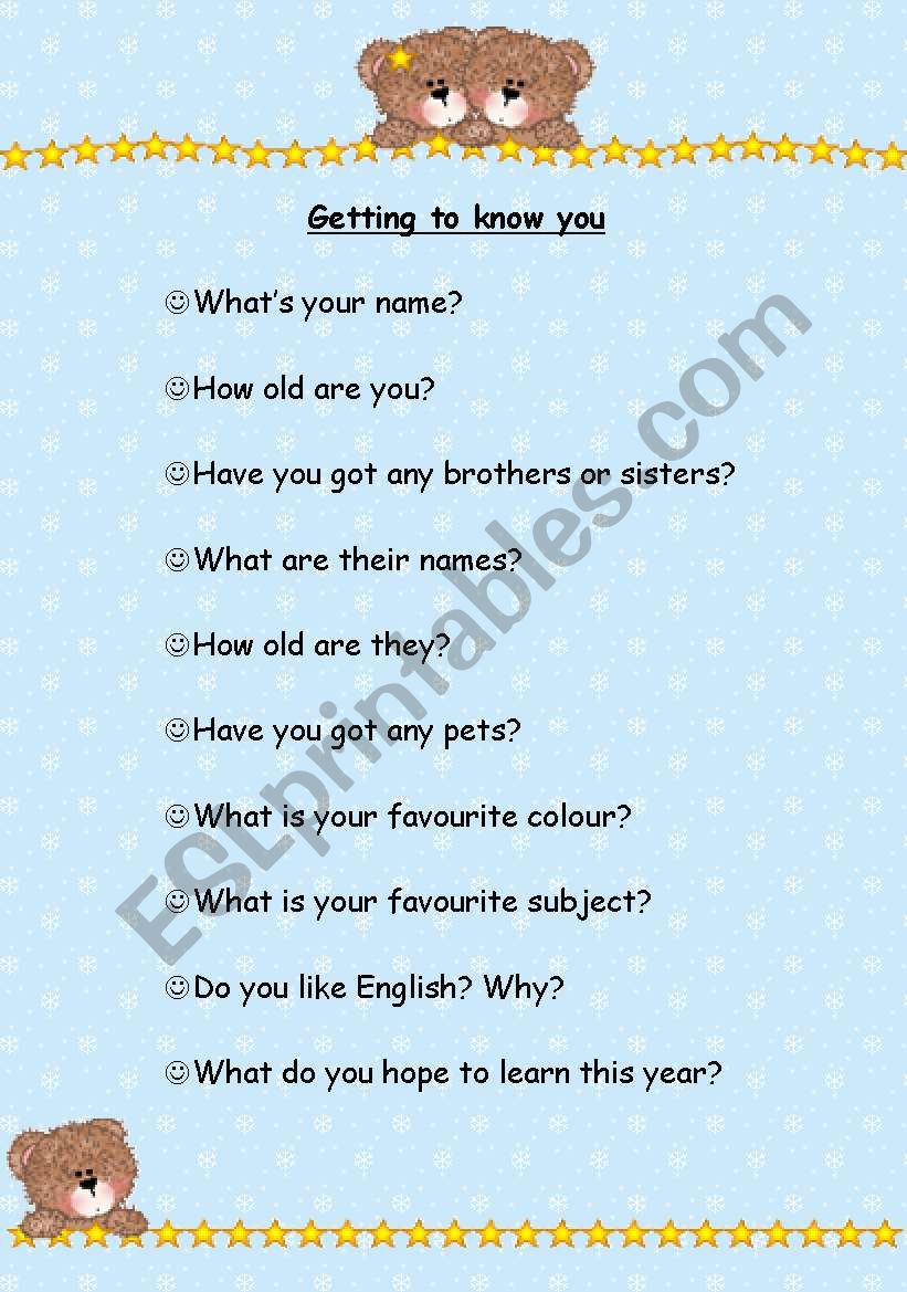 getting to know you... worksheet