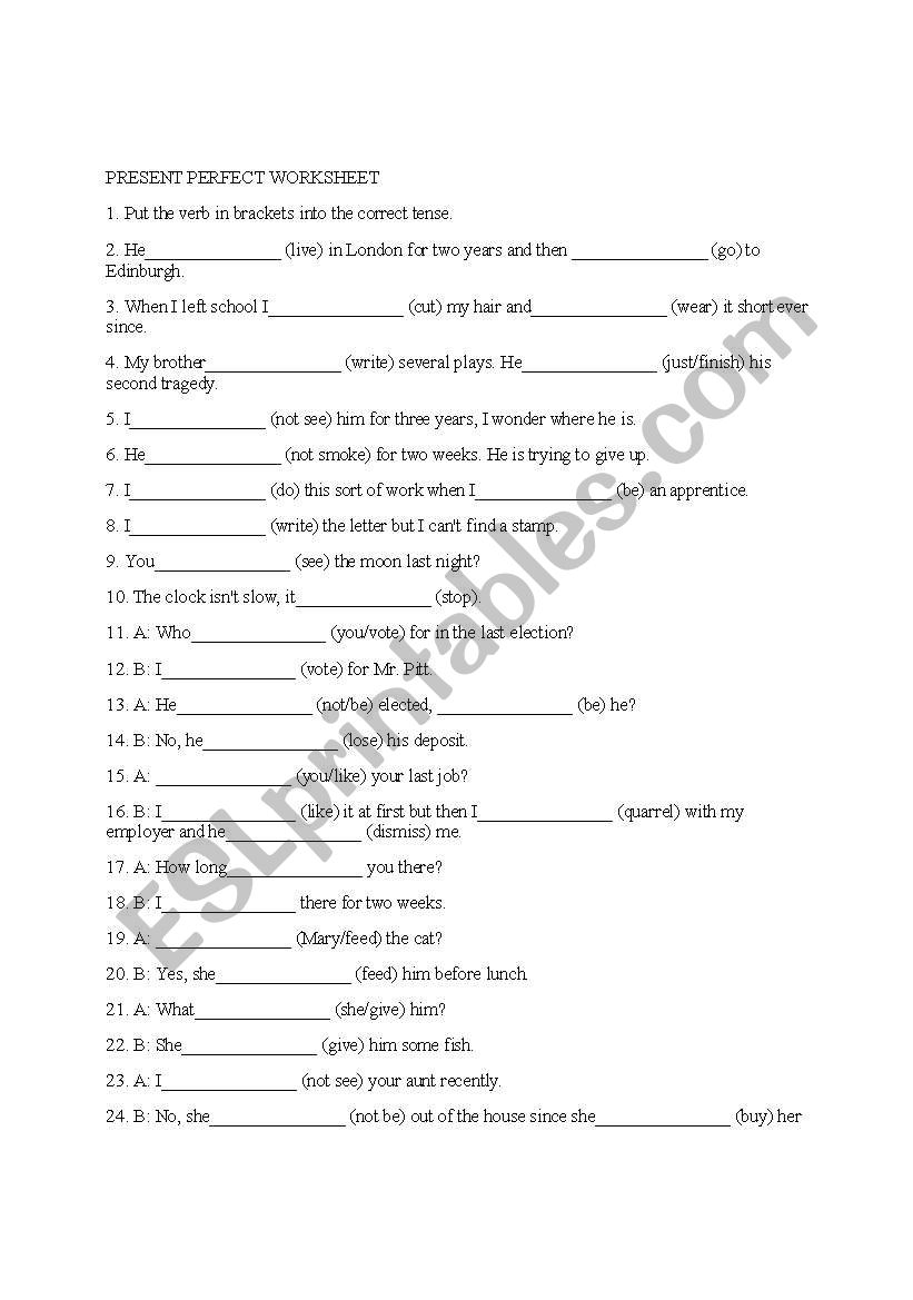 PRESENT PERFECT WORKSHEET worksheet