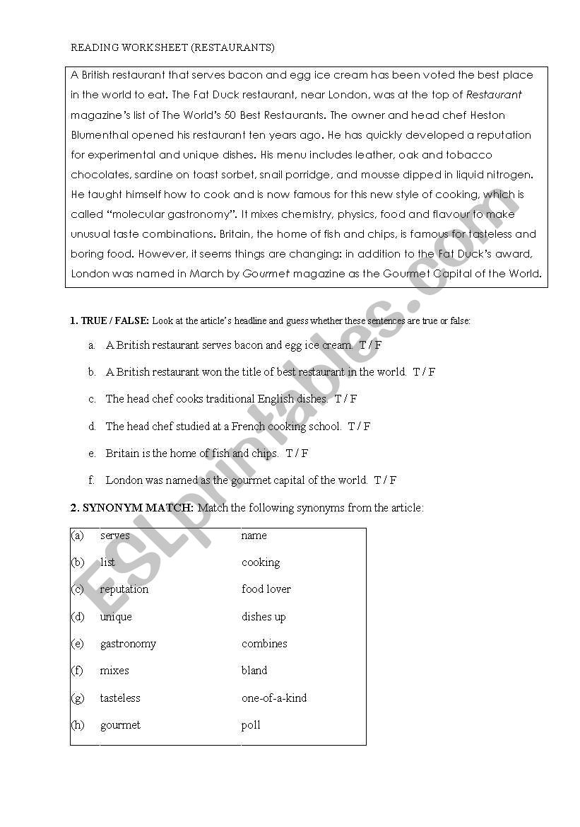 Restaurants worksheet