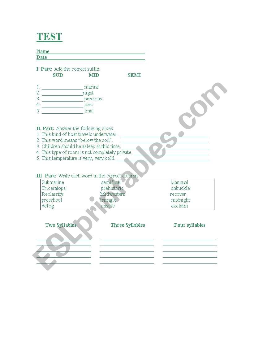 Suffixes and syllables worksheet