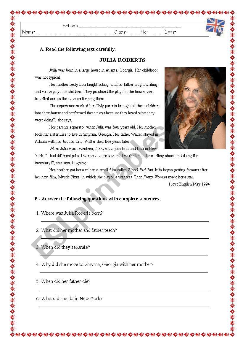 JULIA ROBERTS -Reading Comprehension Test/Worksheet