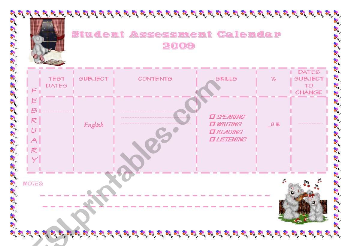 Student Assessment Calendar 2009 - February (2/12)