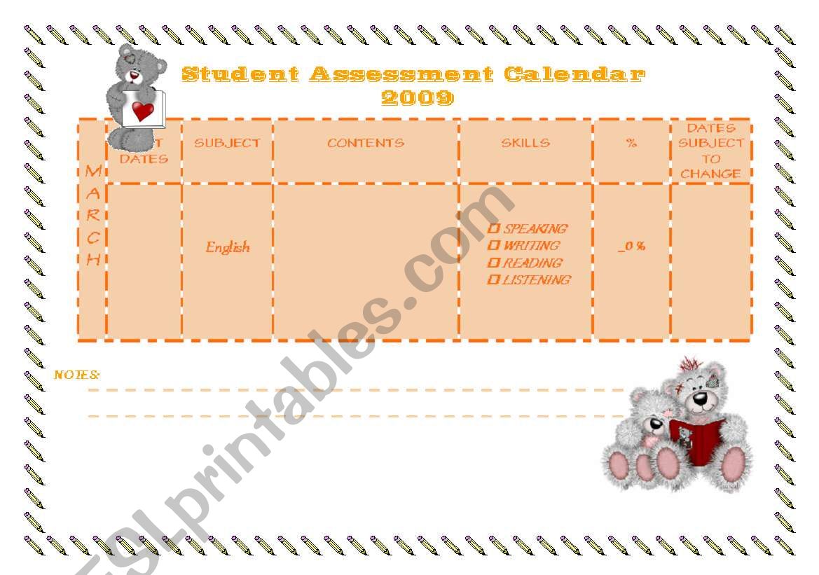 Student Assessment Calendar-March (3/12)