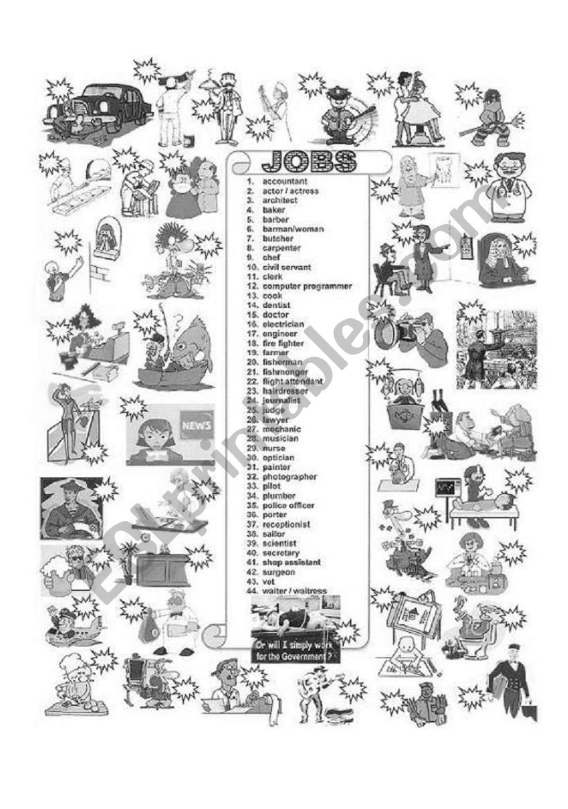 JOBS &  OCCUPATIONS  B&W worksheet