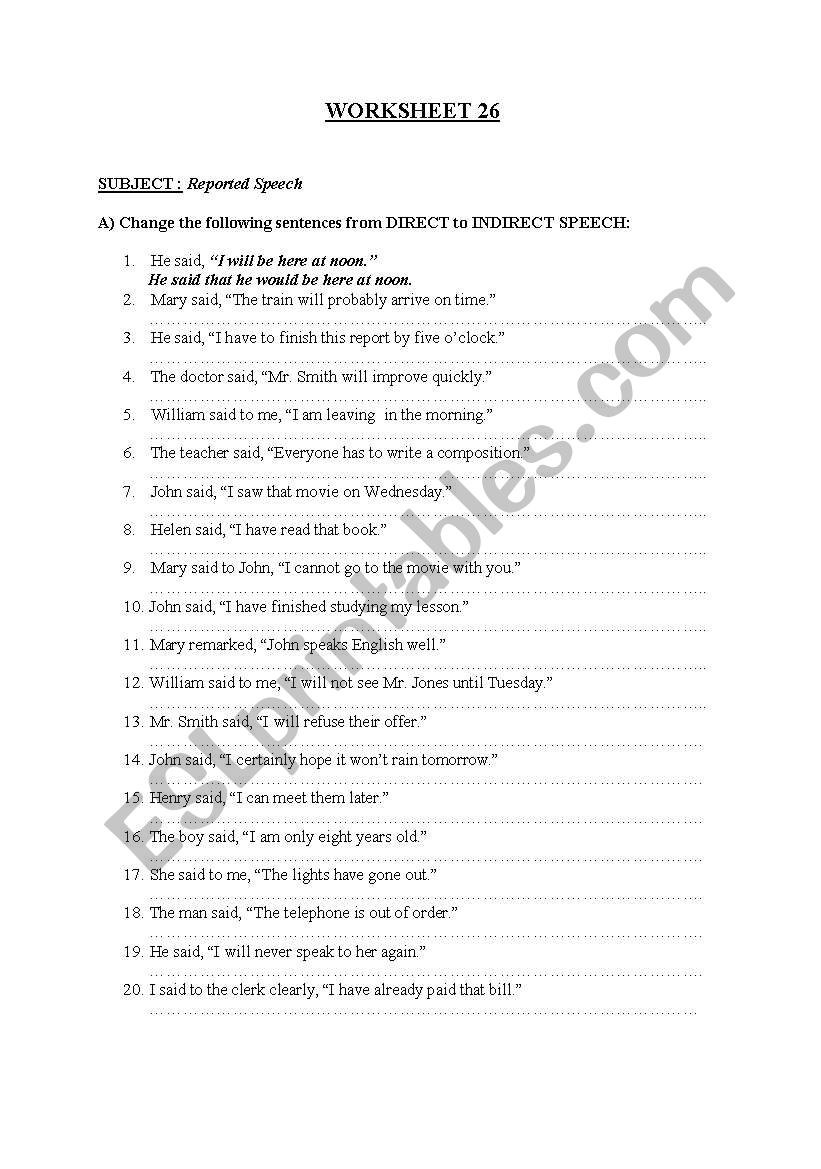Reported Speech worksheet