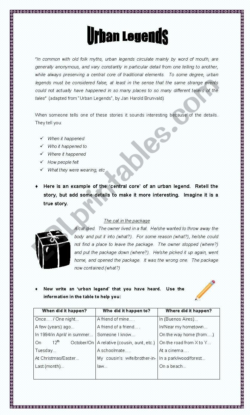 Urban legends worksheet