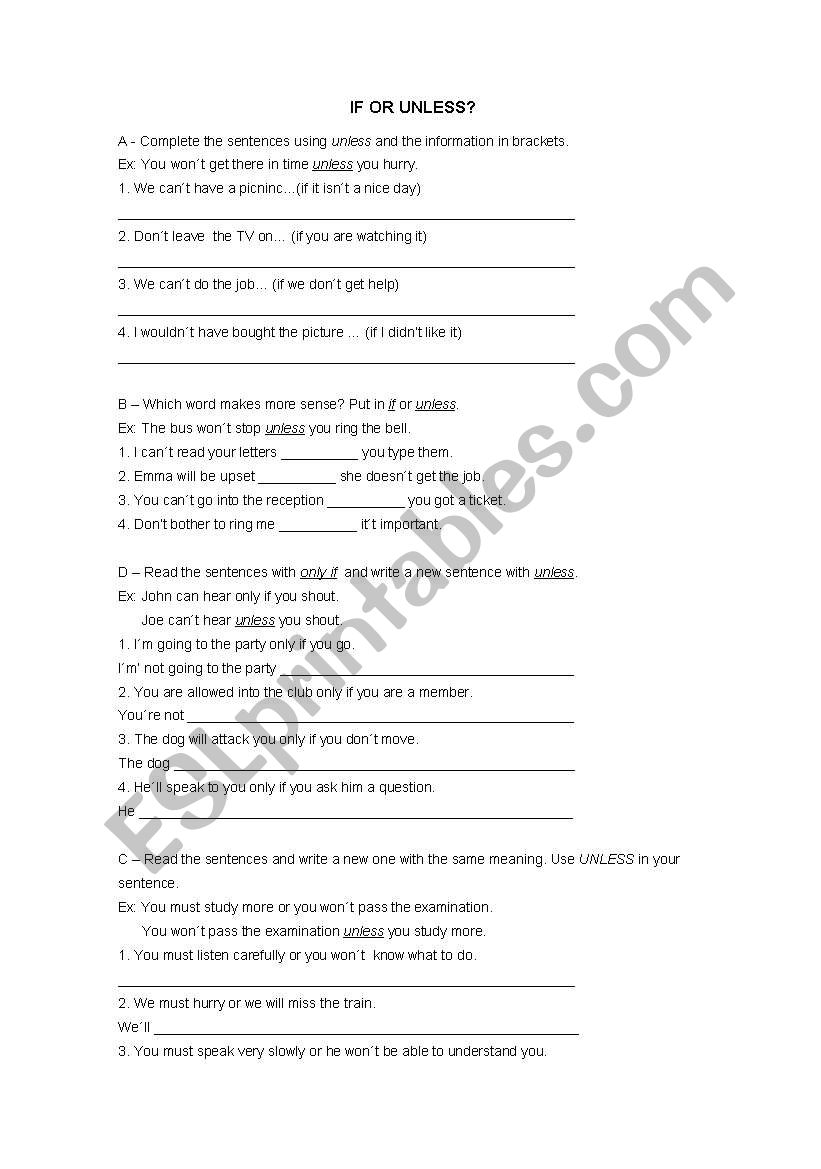 If or unless - exercises worksheet