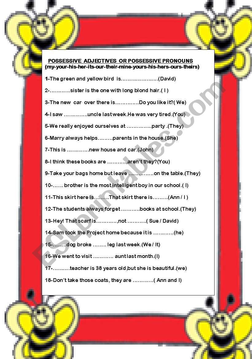 POSSESSIVE ADJ AND PRONOUNS worksheet