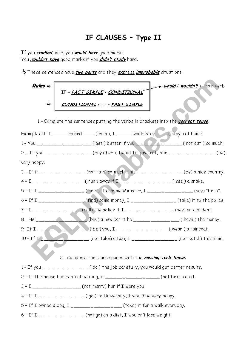 If-clauses, type II worksheet