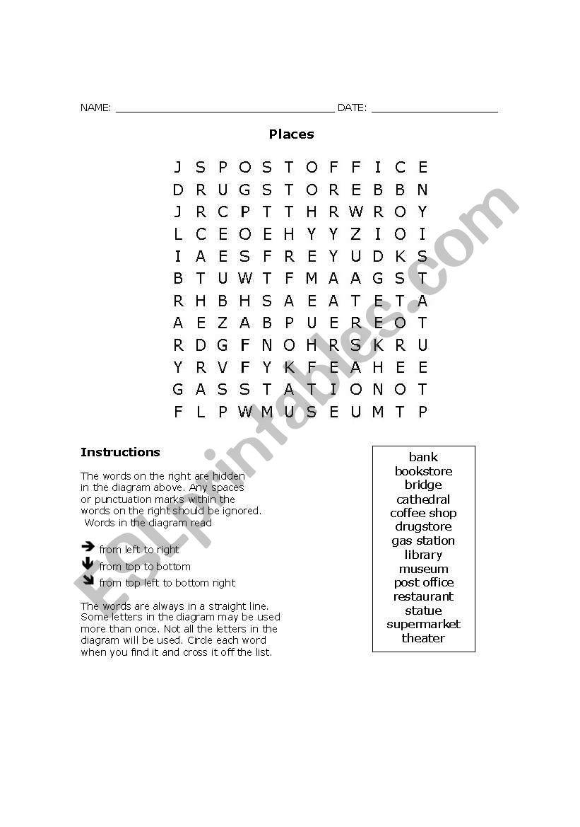 Wordsearch Places worksheet