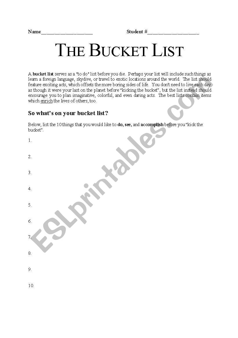 Bucket List worksheet