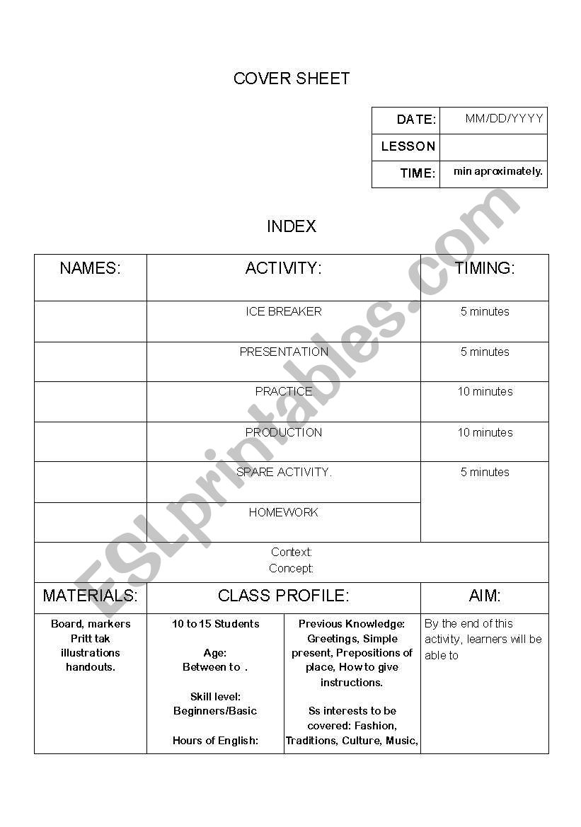 LESSON PLAN (each activity: Warm up, Presentation, Practice, Production, Homework and Spare activity)