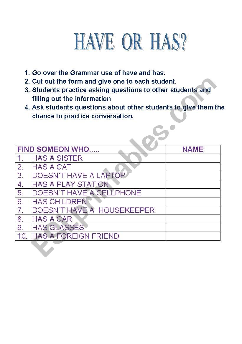 have or has? worksheet