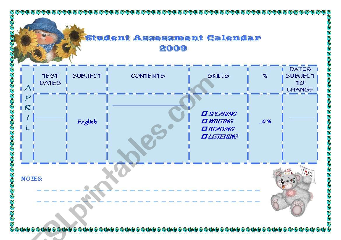 Student Assessment Calendar 2009 - April (4/12)