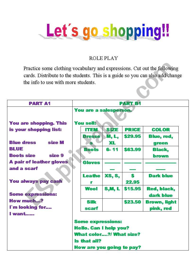 Lets go shopping worksheet