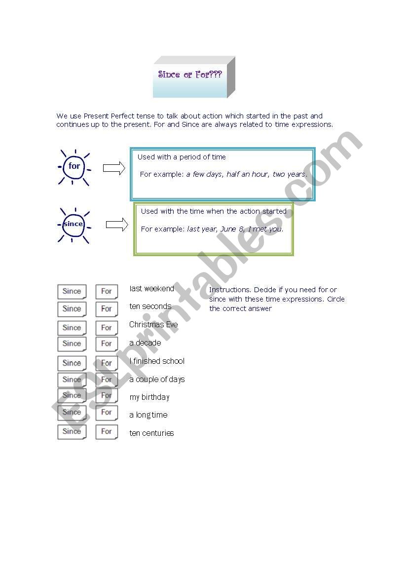 Since and For worksheet